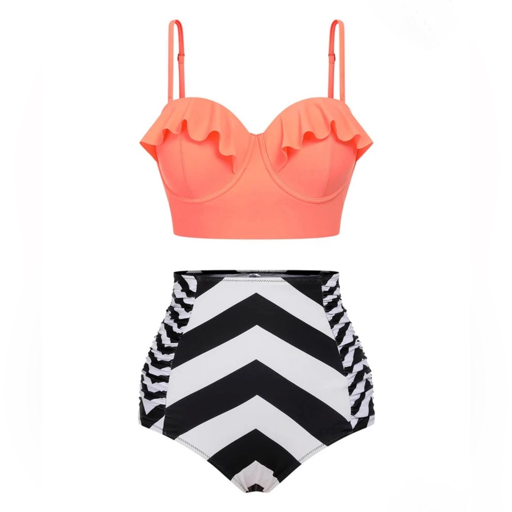 Pink and Black Bikini Set with Chevron Pattern